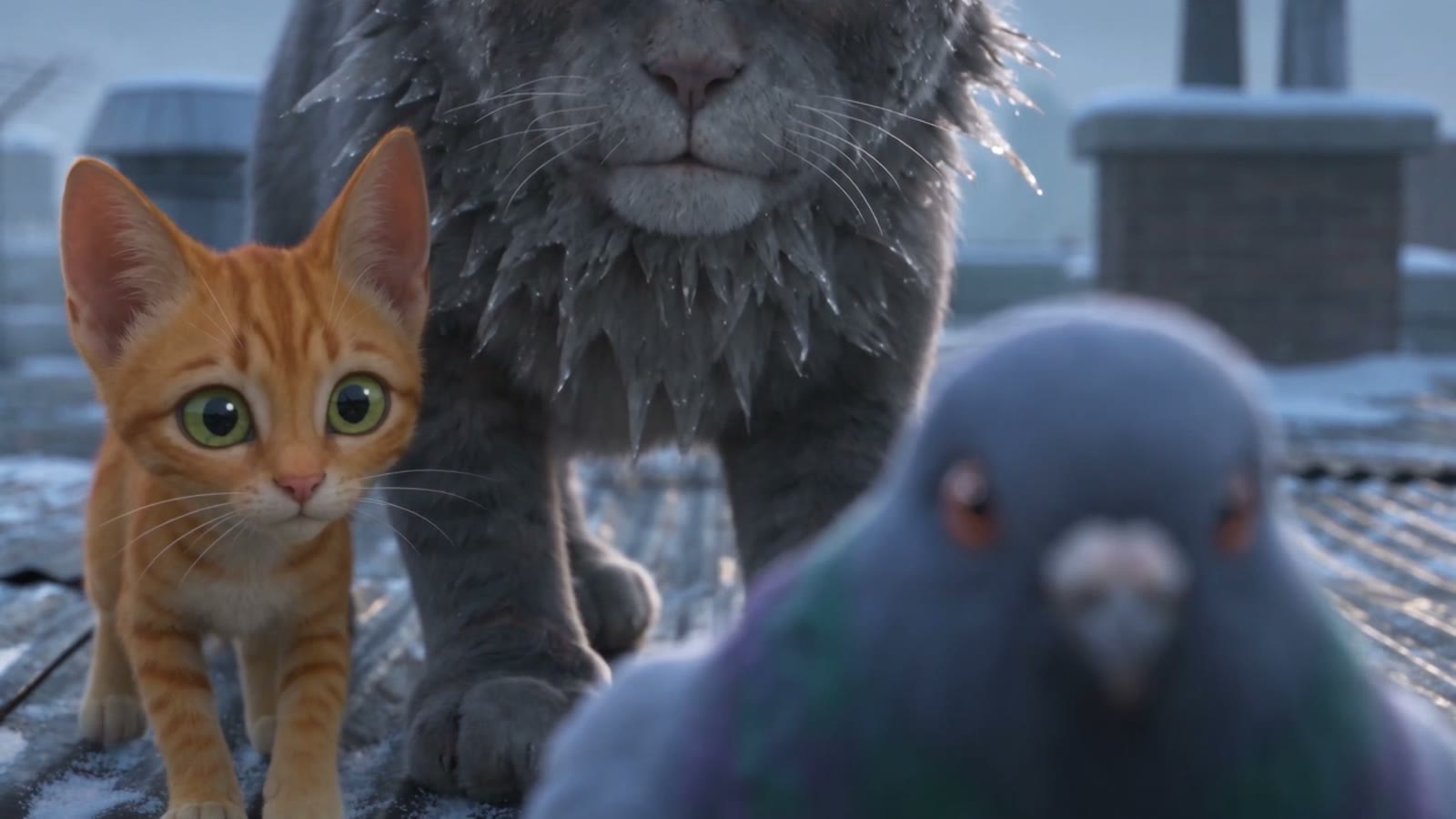 A kitten, a cat and a pigeon on a snowy New York rooftop
