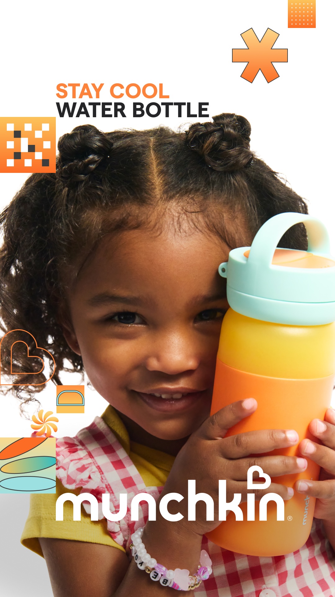 A smiling child hugging a Stay Cool water bottle beside the Munchkin logo