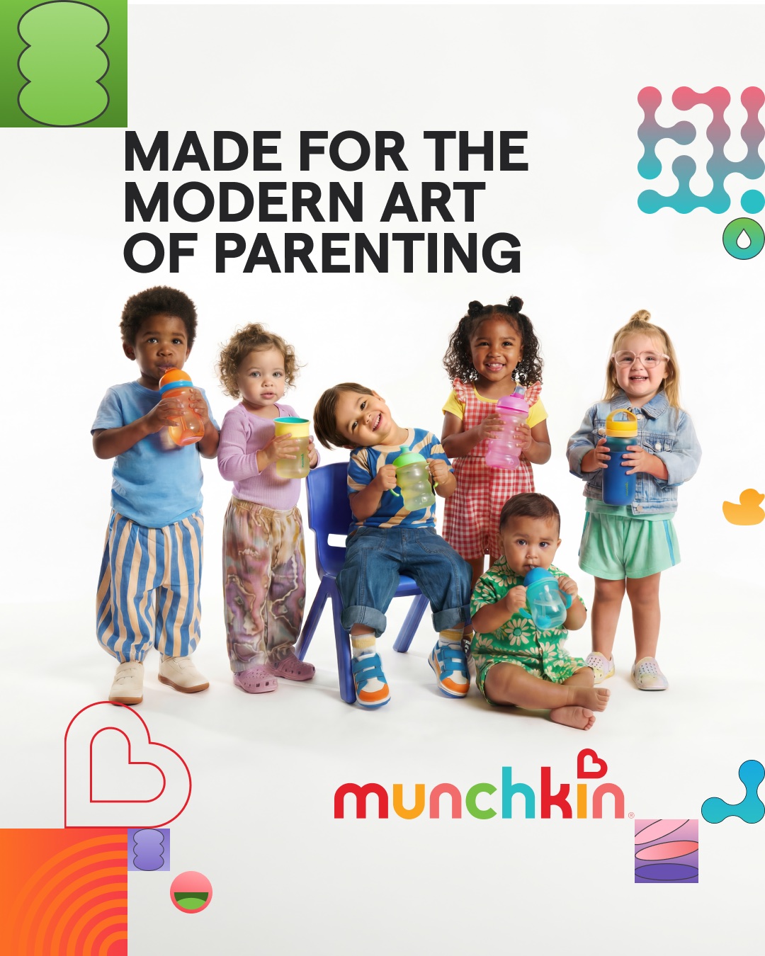 Children in a row with the line Made for the modern age of parenting