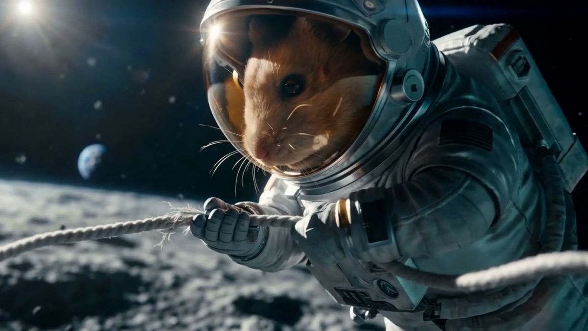 A hamster astronaut tethered to a rope above the moon