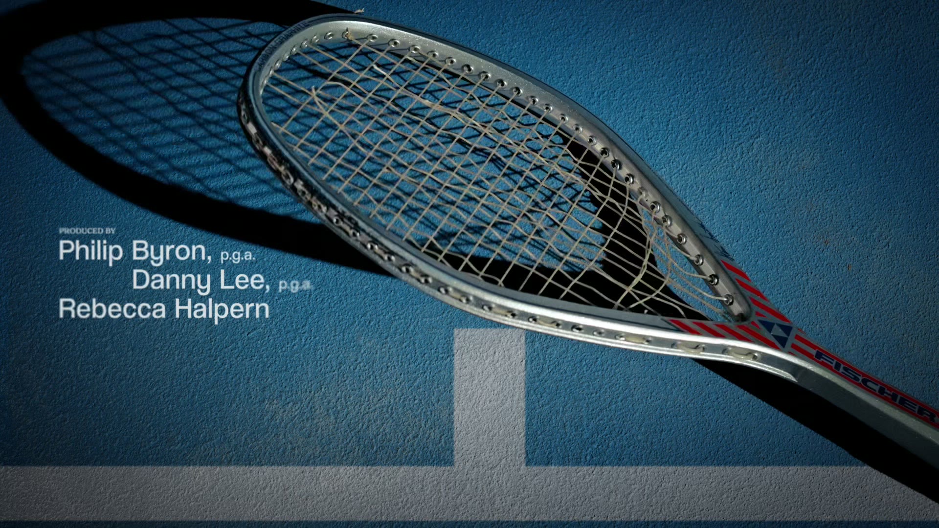 Tennis racket on a blue court with the title sequence credits