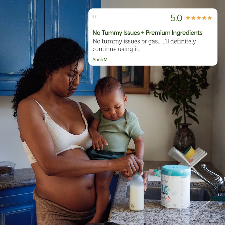 A mother holding her toddler with a customer review overlay