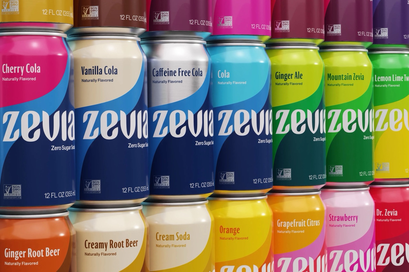 Stacked Zevia soda cans in many flavours