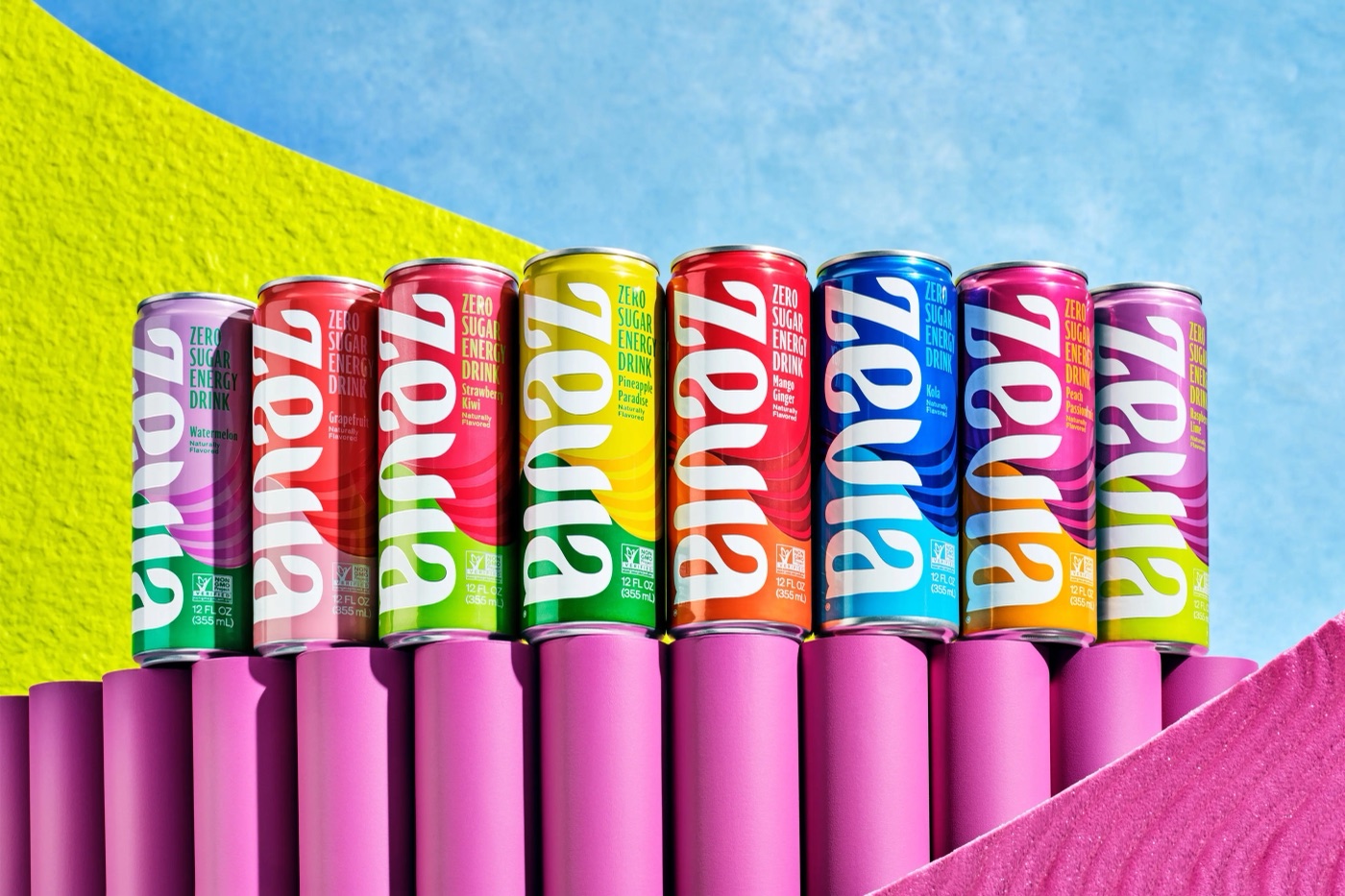 A row of Zevia Energy cans on pink columns